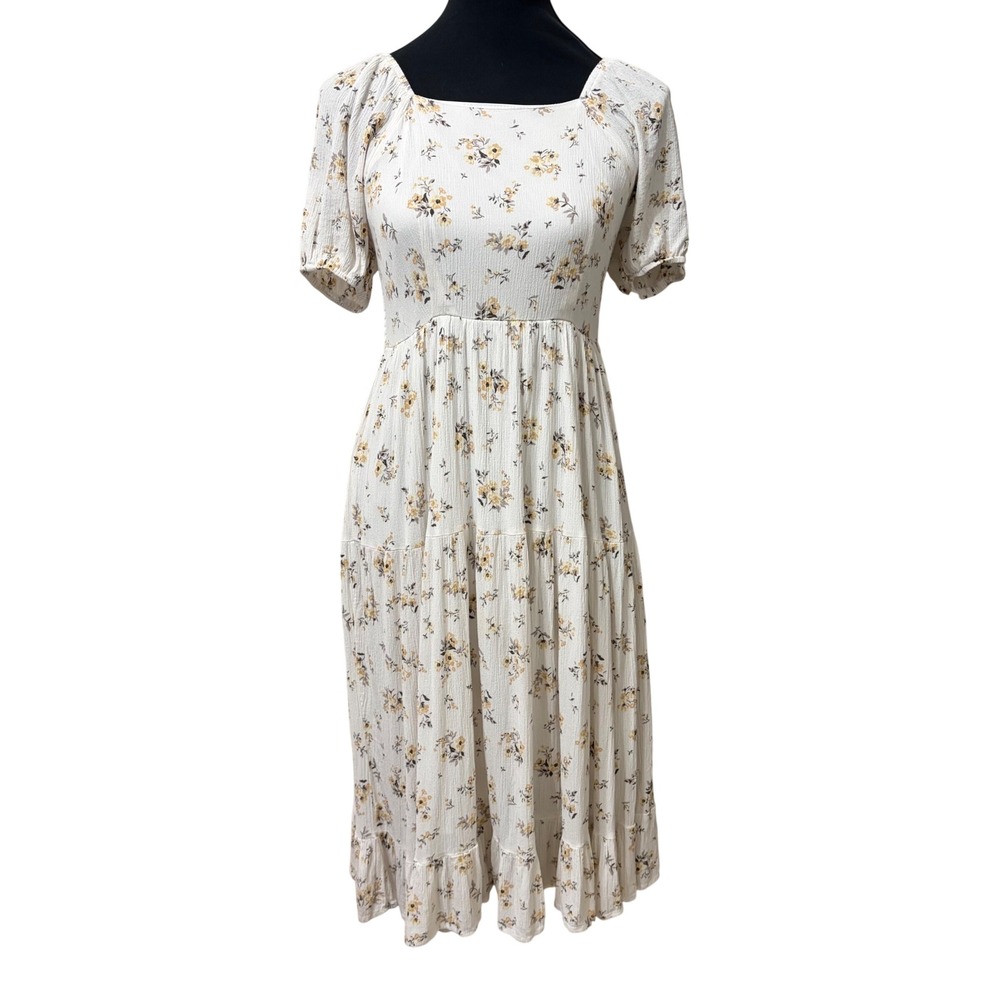 Mikarose White Floral Square Neck Smocked Tiered Midi Dress Small Short Sleeve